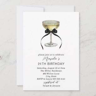Invitación Corte de champán acuarela lazo negro cumpleaños 21