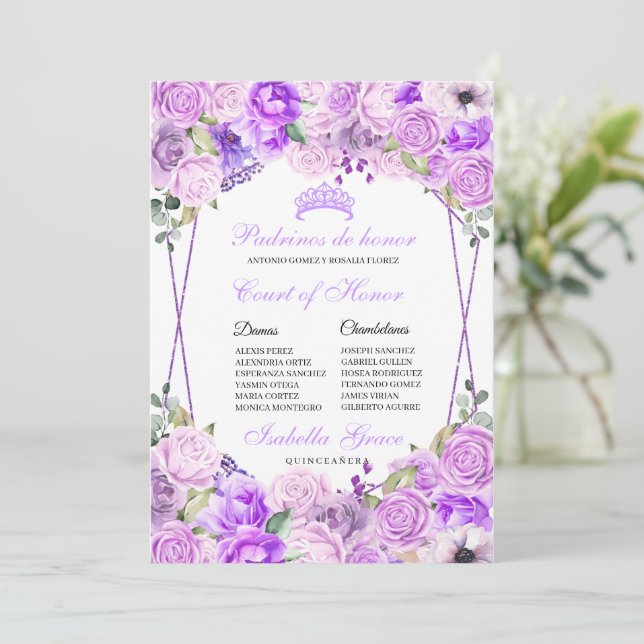 Invitación Corte de Honor de Lilac Purple Floral Quinceanera (Anverso de pie)