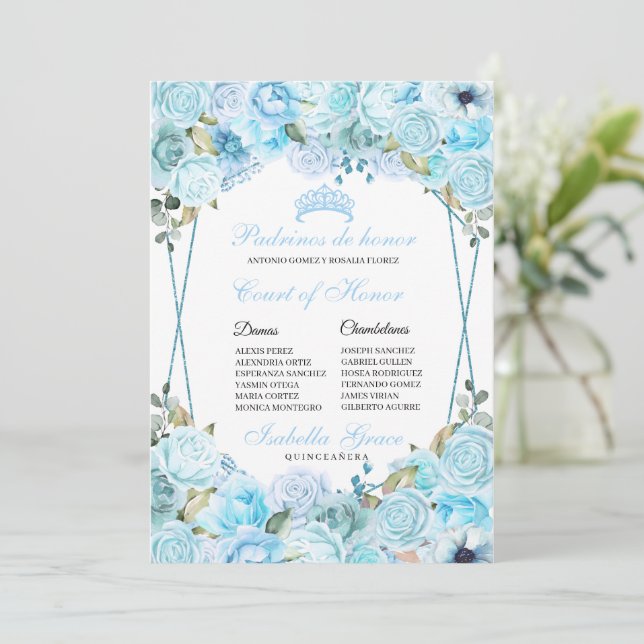 Invitación Corte de Honor de Sky Blue Floral Quinceanera (Anverso de pie)