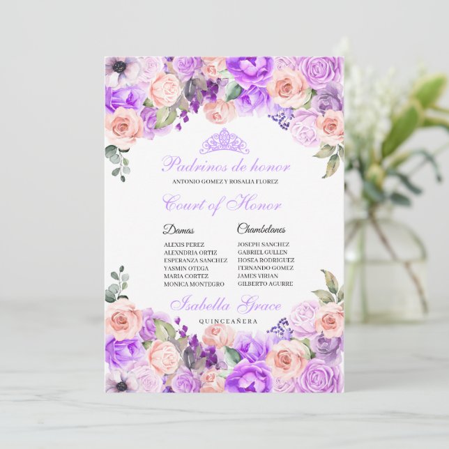 Invitación Corte de Honor Pink & Purple Floral Quinceanera (Anverso de pie)
