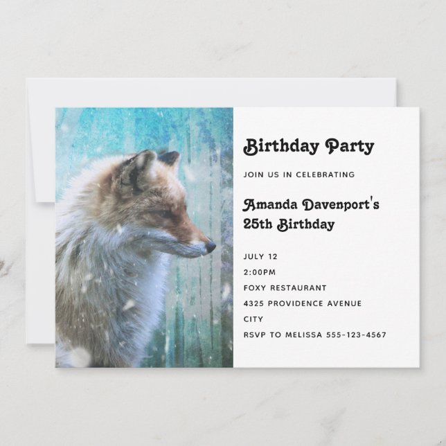 Invitación Corte Furry Fox en Blue Grunge Background Birday (Anverso)