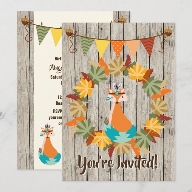 Invitación Corte Tribal Fox y Wreath Cumpleaños de Otoño (Anverso / Reverso)