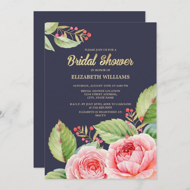 Invitación Cortina azul marina Floral Bridal Shower (Anverso / Reverso)