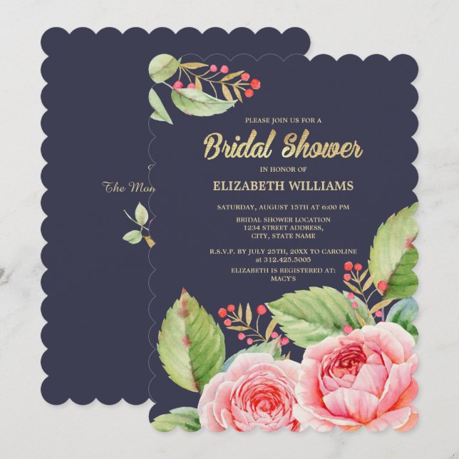 Invitación Cortina azul marina Floral Bridal Shower (Anverso / Reverso)