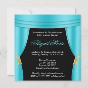 Invitación Cortina Azul Teal de Hollywood Bat Mitzvah Cuadrad