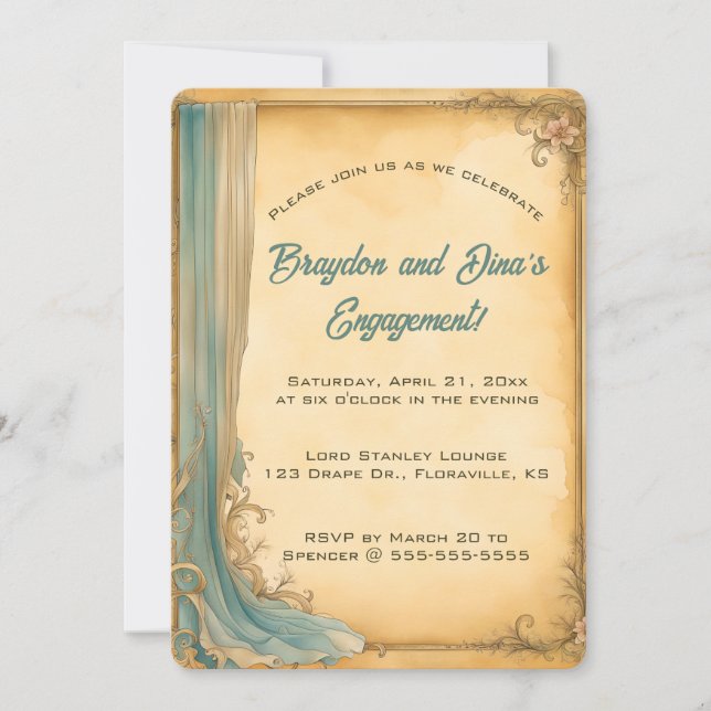 Invitación Cortina azul y flores comestibles (Anverso)