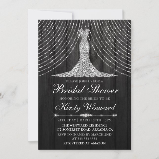 Invitación Cortina de diamante negro plateado Vestido de novi (Anverso)