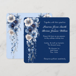 Invitación Cortina floral azul de acuarela con estrellas blan