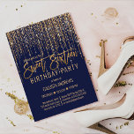 Invitación Cortina lateral Purpurina de oro azul de la marina<br><div class="desc">Esta glamorosa y lujosa invitación a la fiesta de cumpleaños Sweet 16 es el diseño perfecto para su evento especial de chica adolescente. Presenta una cortina franca de purpurina dorado brillante falsa con tipografía purpurina falsa sobre un simple fondo azul marino. Es un diseño elegante, moda, moderno y de moda...</div>