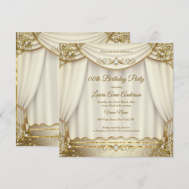 Invitación Cortinas de cumpleaños elegantes perla crema beige (Anverso / Reverso)