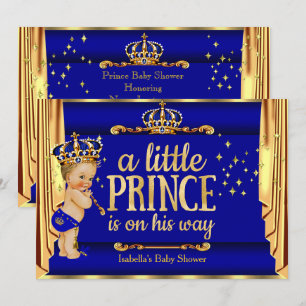 Invitación Cortinas de oro azul real Prince Baby Shower Rubia