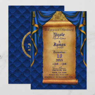 Invitación Cortinas de seda azul real y dorado para fiesta de