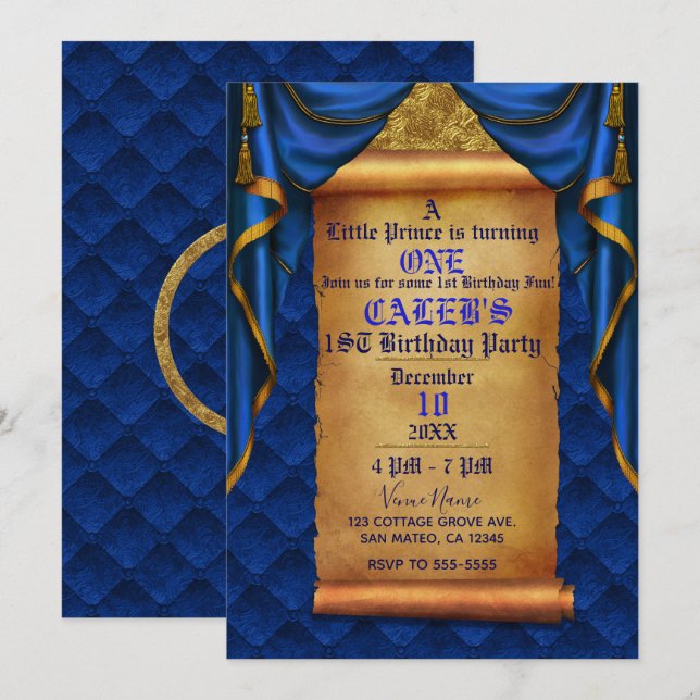 Invitación Cortinas doradas de azul real Pergamino Cumpleaños (Anverso / Reverso)