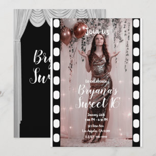 Invitación Cortinas Negras Blancas de Película de Hollywood D
