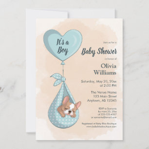 Invitación Corto Bulldog francés cachorro azul corazón Baby S