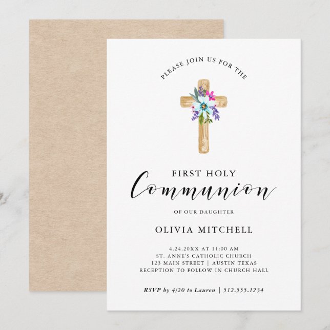 Invitación Corto floral acuarela Primera Comunión (Anverso / Reverso)