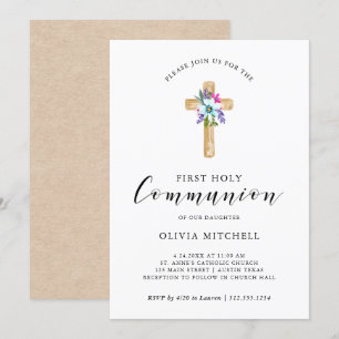 Invitación Corto floral acuarela Primera Comunión