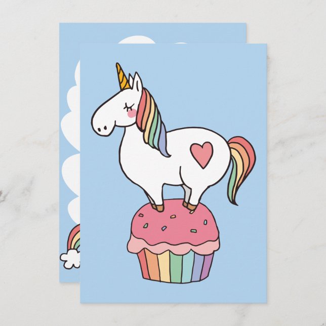 Invitación Corto Rainbow Unicorn en tarta de cumpleaños (Anverso / Reverso)