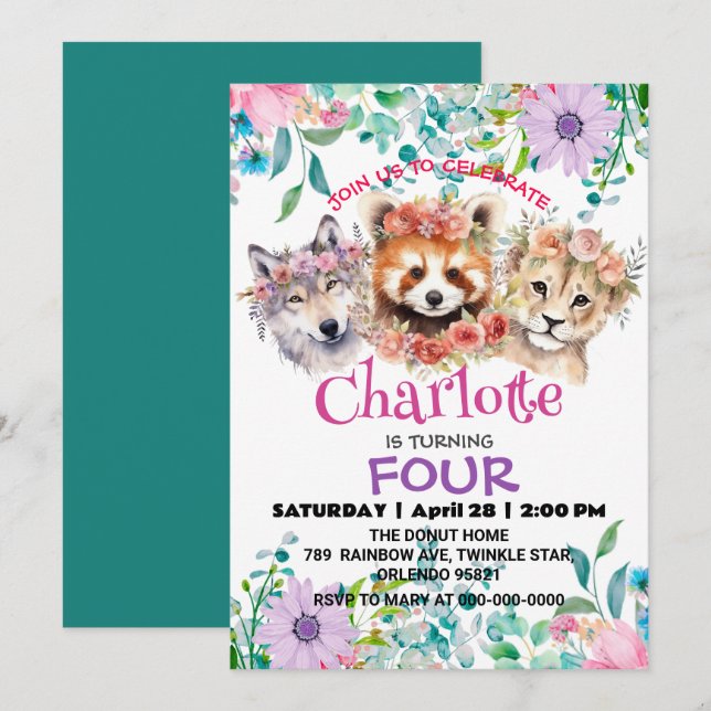 Invitación Corto Wolf raccoon jungle Animales Birthday Floral (Anverso / Reverso)