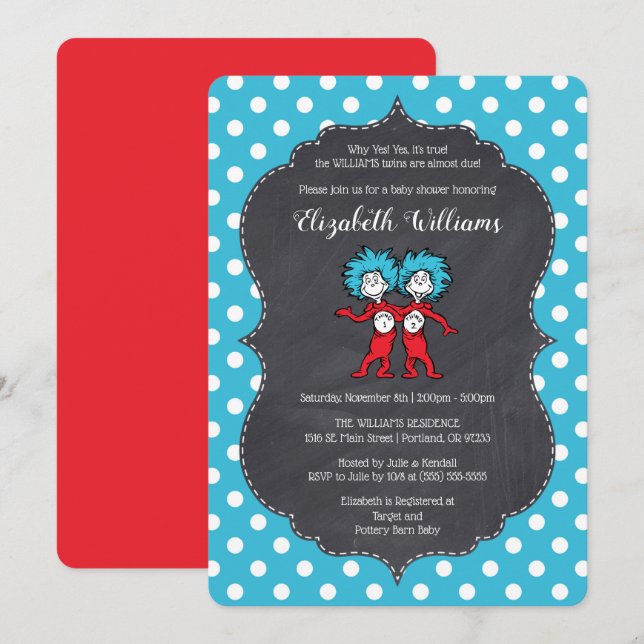 Invitación Cosa Una Cosa Dos | Twins Chalkboard Baby Shower (Anverso / Reverso)