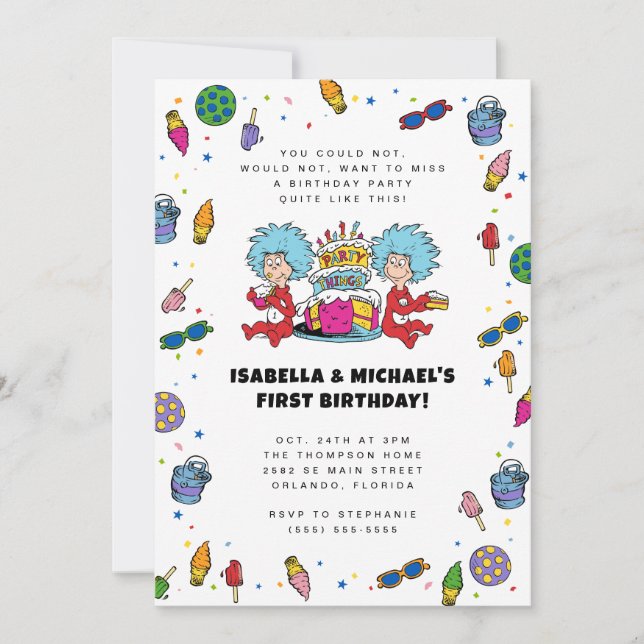 Invitación Cosa Uno Cosa Dos | Cumpleaños de Gemelos Confeti (Anverso)