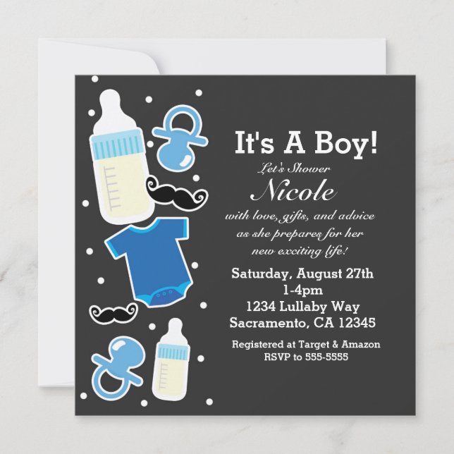 Invitación Cosas de Baby Shower Boy azules y grises modernas (Anverso)
