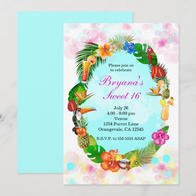 Invitación Cosas de verano tropical hawaiano marco fiesta lua (Anverso / Reverso)