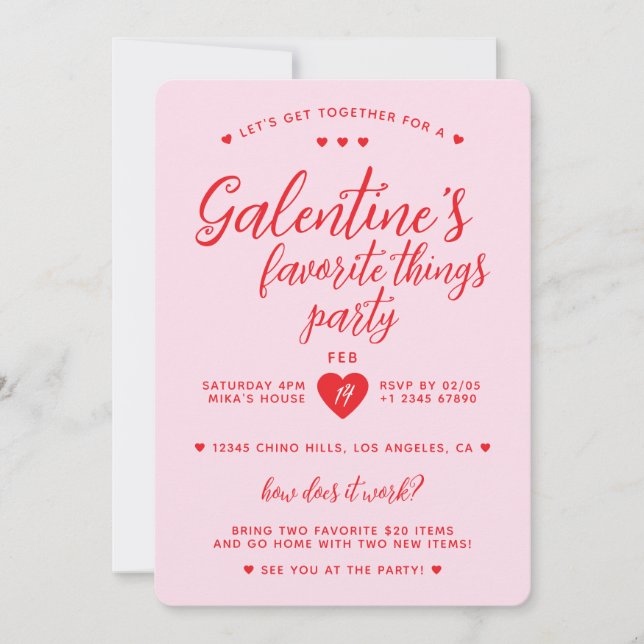 Invitación Cosas favoritas de Galentine Fiesta Valentine (Anverso)