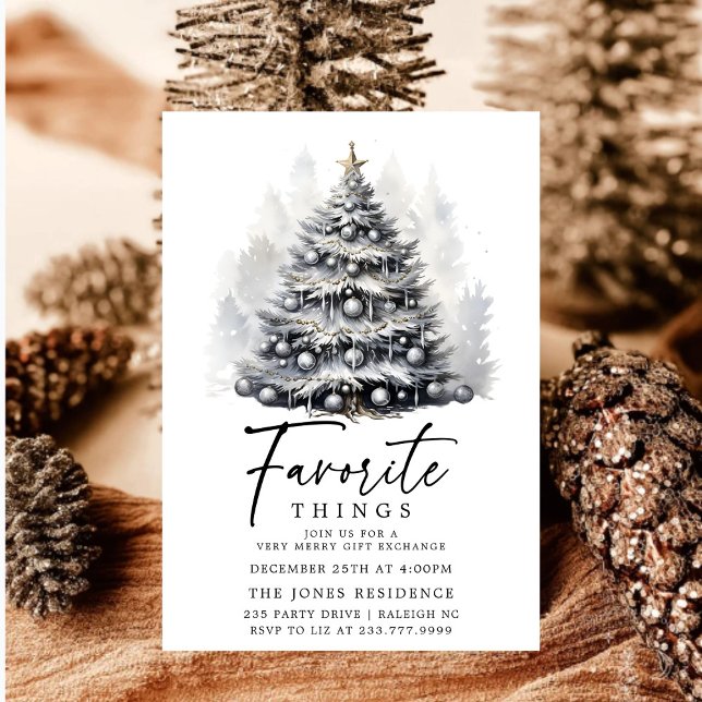 Invitación Cosas favoritas del árbol de Navidad blanco negro  (Subido por el creador)