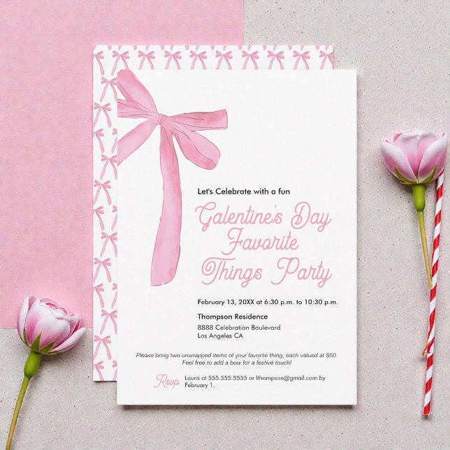 Invitación Cosas favoritas del tema del Fiesta de Galentine " (Coquette ribbon bows Galentine’s favorite things party invitation )