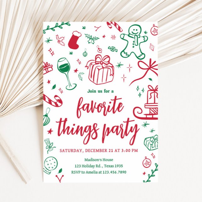 Invitación Cosas favoritas dibujadas a mano Fiesta de Navidad (Hand Drawn Favorite Things Christmas Party Invitation)