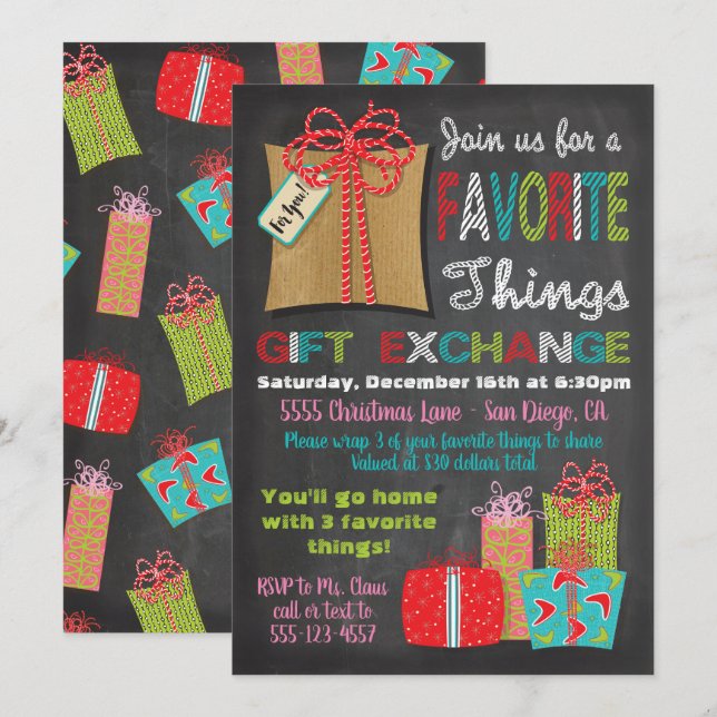 Invitación Cosas favoritas Navidades Regalo Intercambio (Anverso / Reverso)