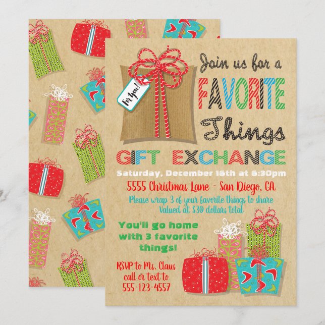 Invitación Cosas favoritas Navidades Regalo Intercambio (Anverso / Reverso)