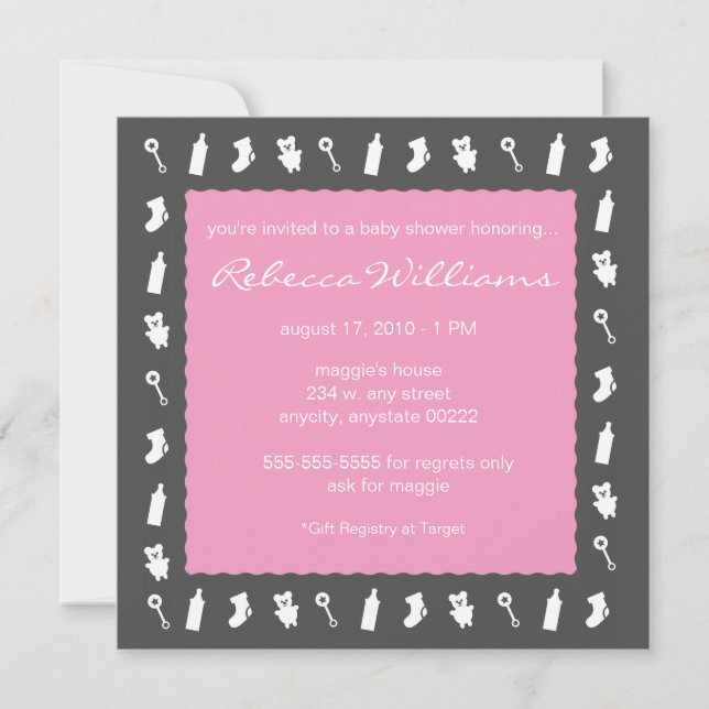 Invitación Cosas negras y rosas para el bebé invitadas (Anverso)