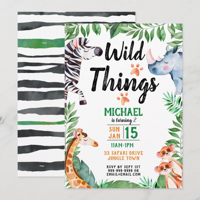 Invitación Cosas salvajes Animales Safari Cumpleaños (Anverso / Reverso)