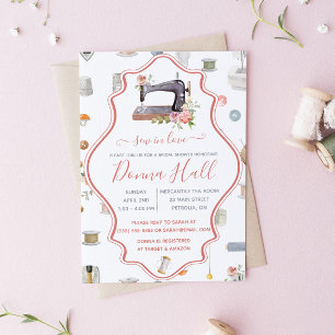 Invitación ¡Cose con Amor! Máquina de Coser, Regadera Floral