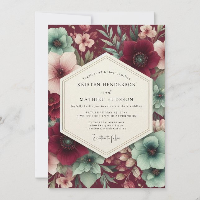 Invitación Cosecha de boda de floración de Borgoña (Anverso)
