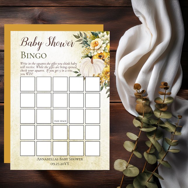 Invitación Cosecha de calabaza | Bingo Baby Shower con floral (White Pumpkin and Gold Floral Baby Shower Bingo Game Print | Digital - Little Pumpkin Collection)