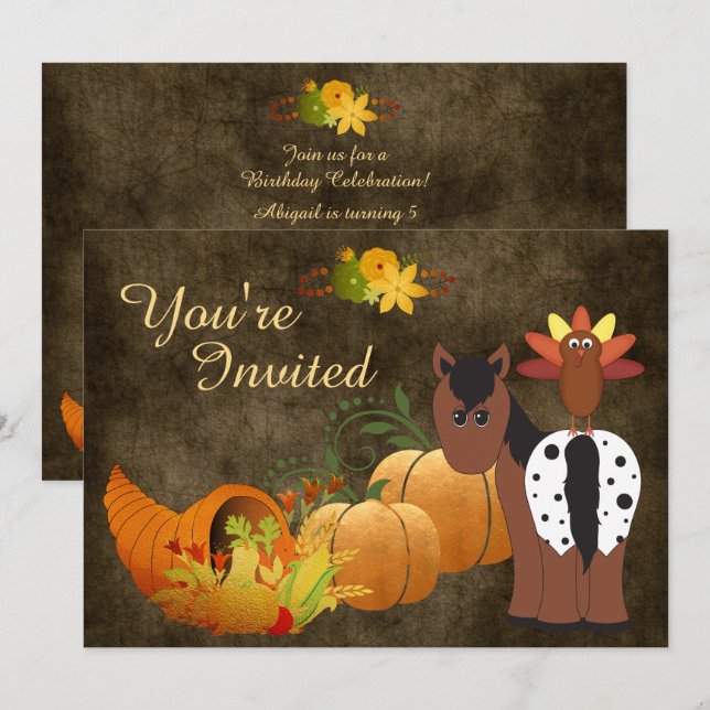 Invitación Cosecha de otoño, caballo dulce y cumpleaños de Tu (Anverso / Reverso)