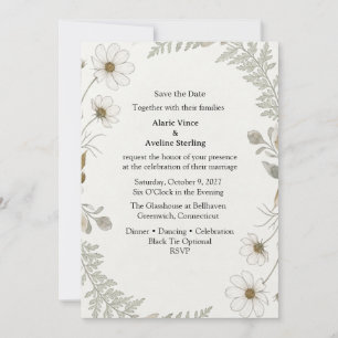 Invitación Cosmos Blancos, Helechos Delicados, Foliaje de Acu