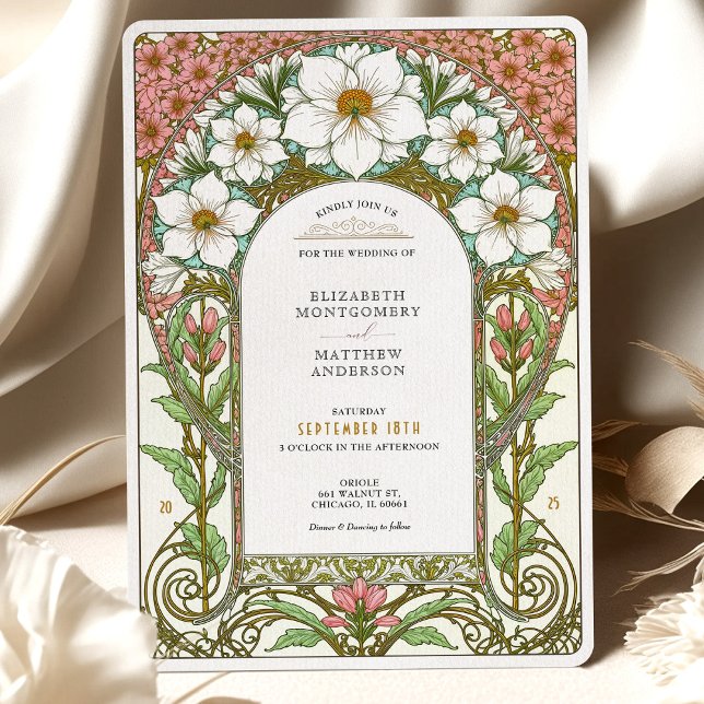 Invitación Cosmos blancos y flores rosas Boda Art Nouveau (Subido por el creador)