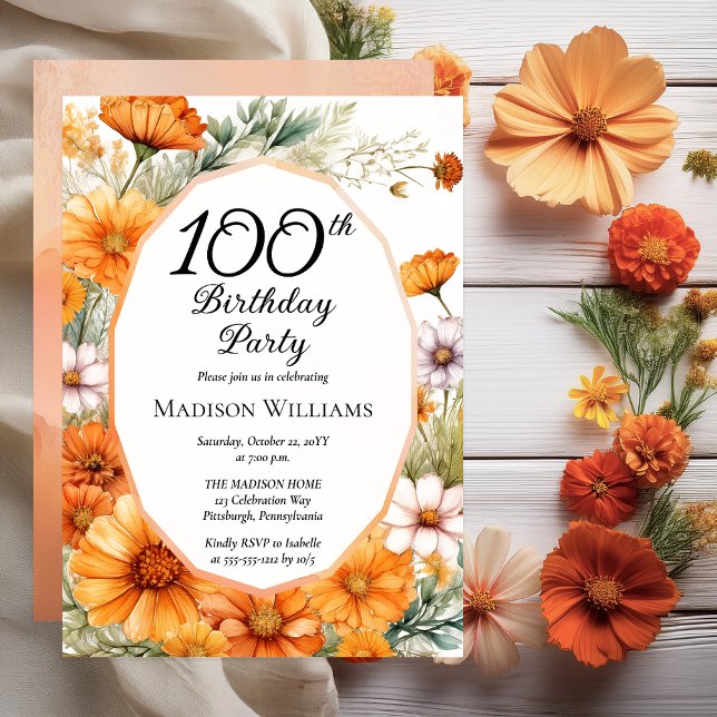 Invitación Cosmos | Marigolds Floral 100th Birthday Party (Beautiful Boho Cosmos and Marigolds Floral 100th Birthday Party Invitation Print | Digital Download)
