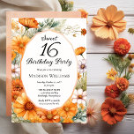 Invitación Cosmos | Marigolds Floral Sweet 16 Birthday Party<br><div class="desc">Elegant cosmos and marigolds floral design "Sweet 16 Birthday Party" design featuring a floral frame of marigolds and cosmos flowers in apricot,  terracotta and burnt orange on a white background center panel.  Back design features a multi-layered coordinating colors watercolor background</div>