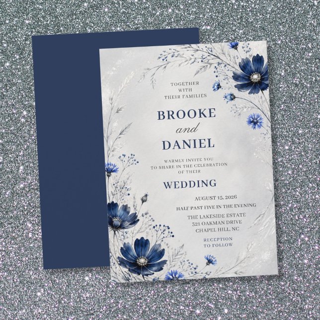 Invitación Cósmos Navy Flor Silvestre Boda de Plata (Subido por el creador)