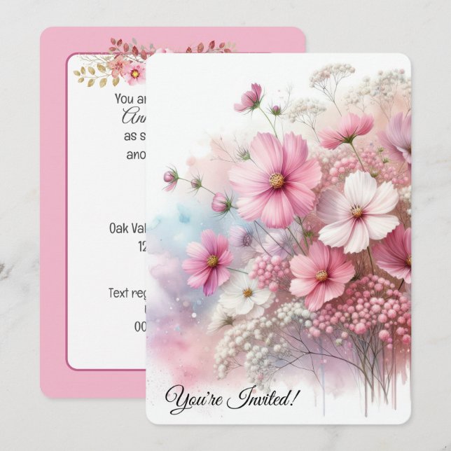 Invitación Cosmos rosados del partido de cumpleaños (Anverso / Reverso)