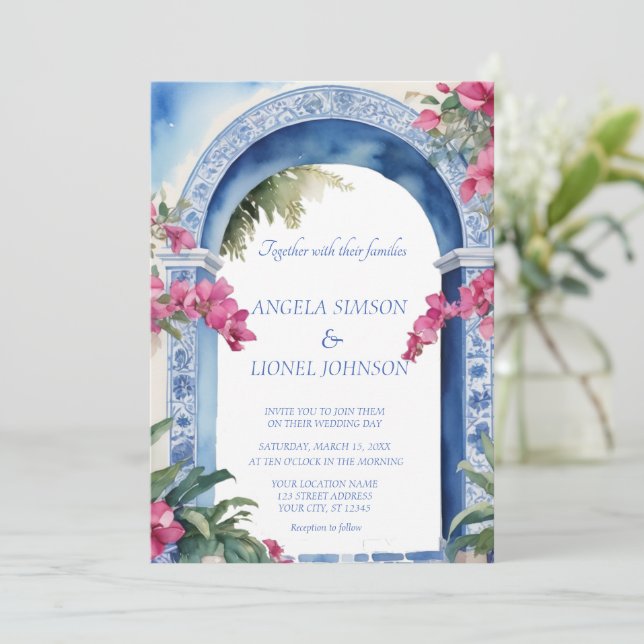 Invitación Costa Amalfitana Italia Flores rosadas Bougainvill (Anverso de pie)
