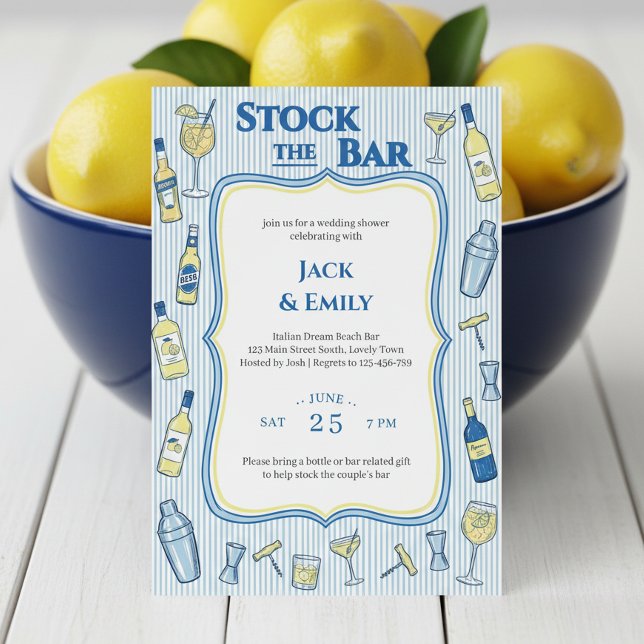 Invitación Costa de Amalfi Azul y Blanco a Rayas Abastece el  (Stock the Bar couples shower invitation with limoncello amalfi coast aesthetic)
