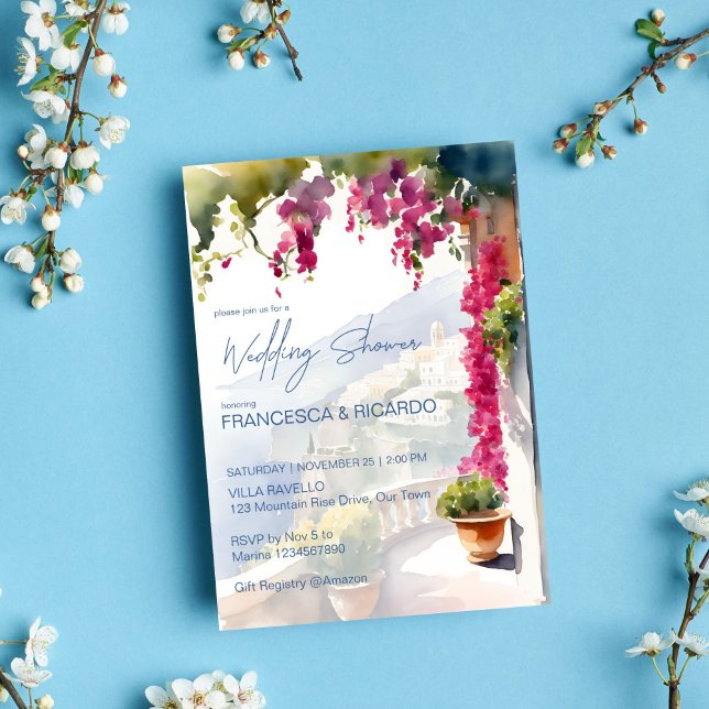 Invitación Costa de Amalfi Ducha nupcial mediterránea (Amalfi coast Mediterranean Italian wedding shower Invitation template digital download bougainvillea)
