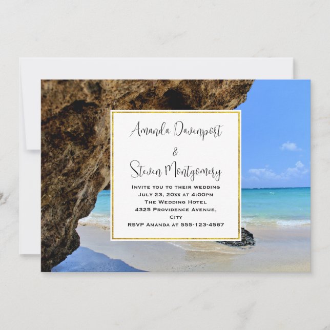Invitación Costa de Playa Tropical con Boda de Roca Grande (Anverso)
