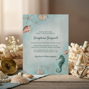 Invitación Costa   Ducha de Novia de Conchas Azules de Playa